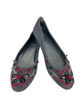 Stuart Weitzman Floral Beaded Gray Wool Embellished Ballet Flats Size 7.5